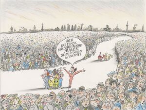 Karikatur von Barbara Henniger: Menschenmengen beidseits eines freien Streifens, Hinweis auf einstige „schreckliche Mauer“ in Berlin.