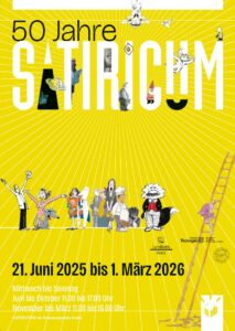 Plakat zur Ausstellung „50 Jahre SATIRICUM“ im Sommerpalais Greiz, Laufzeit: 21. Juni 2025 bis 1. März 2026, Karikatur im Fokus.